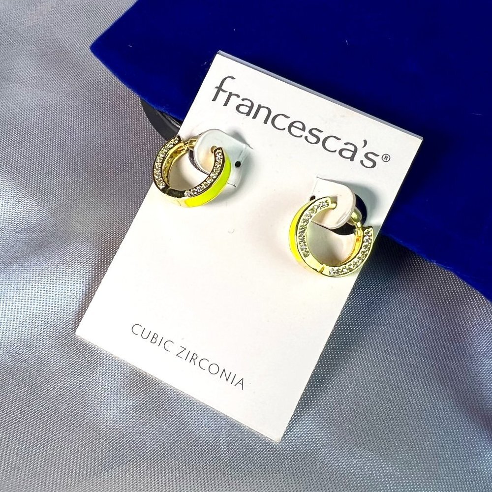 NWT Francesca's Collections Yellow Enamel & Cubic Zirconia Huggie Hoop Earrings